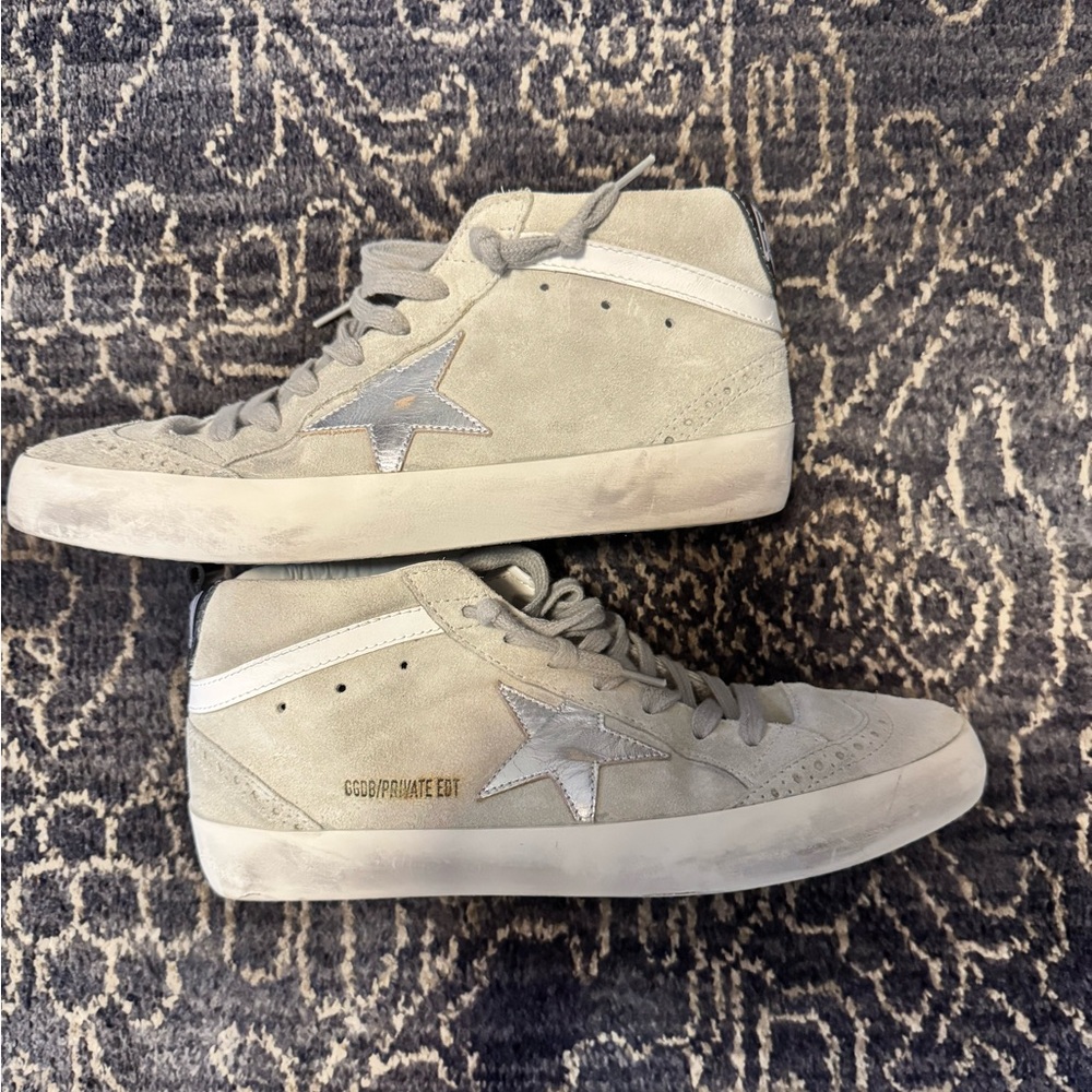 Golden Goose Beige Suede Mid-Top Sneakers with Silver Star